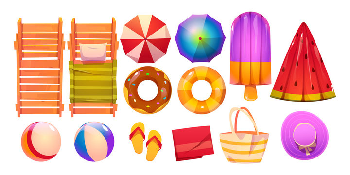 Swimming pool set with deck chairs, umbrellas, inflatable rubber rings and rafts. Vector cartoon accessories for summer rest, hat, bag, flip flops sandals, beach balls and towel isolated on white