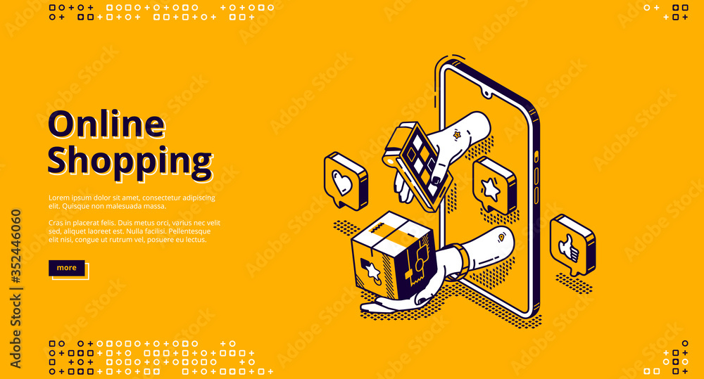 Poster online shopping banner. mobile payment and delivery service concept. vector landing page of ecommerc