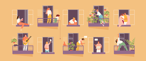 People in windows and balconies staying at home. Home life and neighborhood. Vector illustration - obrazy, fototapety, plakaty
