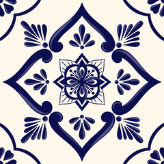 Mexican tile pattern vector seamless with ceramic floral ornament. Portuguese azulejos, puebla talavera, italian sicily or spanish majolica. Mosaic texture for kitchen wall or bathroom floor. - 352446082