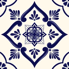 Stof per meter Mexican tile pattern vector seamless with ceramic floral ornament. Portuguese azulejos, puebla talavera, italian sicily or spanish majolica. Mosaic texture for kitchen wall or bathroom floor. © irinelle