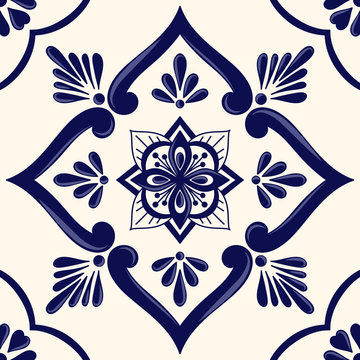 Mexican tile pattern vector seamless with ceramic floral ornament. Portuguese azulejos, puebla talavera, italian sicily or spanish majolica. Mosaic texture for kitchen wall or bathroom floor.