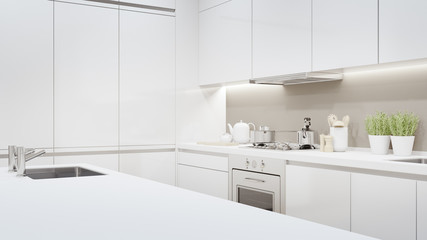 Fototapeta na wymiar Cabinet of modern kitchen in luxury house. Home interior 3d rendering with empty white top counter for product display.