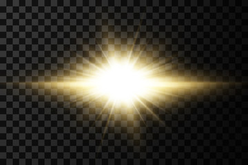Shining golden stars isolated on black background. Effects, glare, lines, glitter, explosion, golden light. Vector illustration