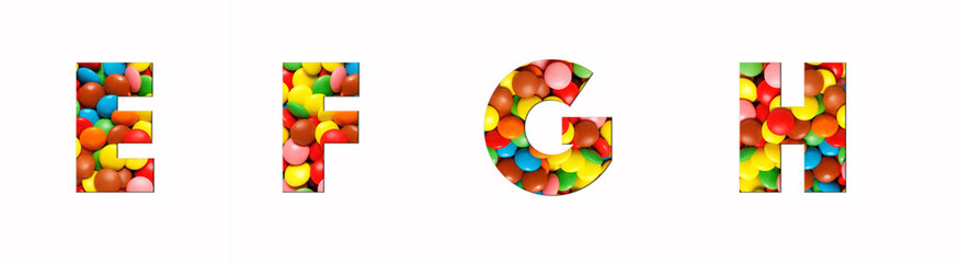 candy alphabet font e,f,g,h, made of real colored candy cut letter shape. Collection of brilliant candy font for your unique decoration with concept ideas