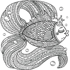 Gold fish fairy tale illustration. Hand drawn line art with doodle and pattern elements. Coloring page for adults. Vector for print, books, relaxing at home.