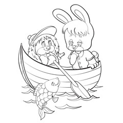 sketch of a bunny character floating with a hedgehog along the river in which a fish splashes, coloring, isolated object on a white background, vector illustration,