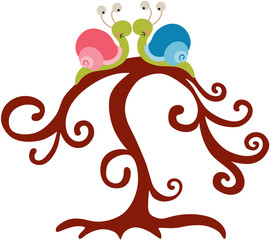 Couple of funny snails on top of tree
