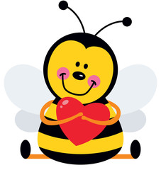 Naklejka premium Cute bee sitting holding a red heart 