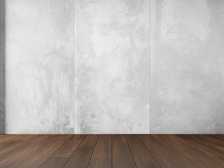 Modern room with empty gray concrete wall and brown wood floor. Interior in loft style. 