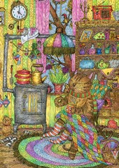 Cat in a cozy house. Fairytale illustration with colored pencils and ink. Cute illustration for the decor and design of posters, postcards, prints, stickers, invitations, textiles and stationery.