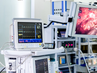 Monitoring the patient vital functions during surgery. High-tech medical equipment. Indicators of the state of the body.
