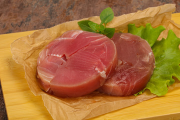 Raw tuna round steak for grill