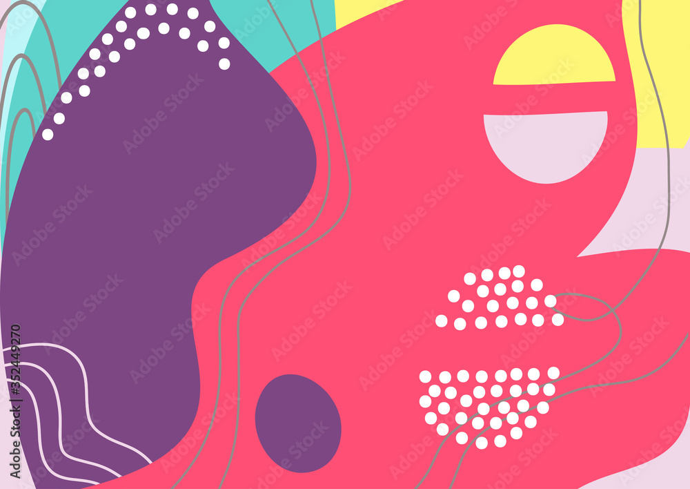 Wall mural Fun hand drawn colorful shapes, doodle objects and lines, dots collage, modern trendy abstract pattern background for design. Pink yellow blue purple pastel colors - Wall murals