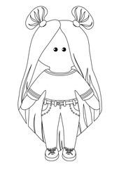 Coloring book or cartoon vector Illustration of beautiful doll for children. Black outline drawing on white background. Fashion illustration. Kids clothing.