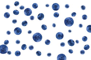 Falling blueberries isolated on a white background with clipping path as package design element and advertising. Flying berry.