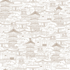 Fototapeta na wymiar Contour Japanese architectural seamless pattern. Set of national houses and weather on a white background.
