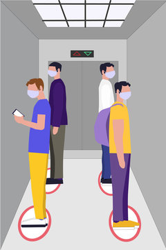 Keep safe distance. Social distancing in an elevator. Man in medecine mask are maintain social distance in lift and elevator for prevention of covid 19 virus. Coronaviruses pandemic, quarantine