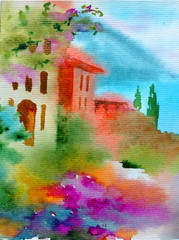 Watercolor colorful bright textured abstract background handmade . Mediterranean landscape . Painting of architecture and vegetation of the sea coast , made in the technique of watercolors from nature