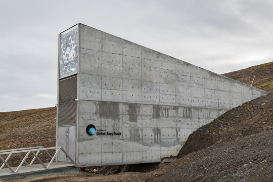 Svalbard, August 2017: Entrance to the Global Seed Vault at Svalbard archipelago. The world's largest seed storage, opened by the Norwegian Government in 2008. Seed crates stored in permafrost.