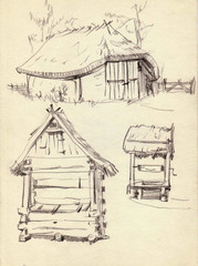 Drawing of architectural structures of the old village executed from life .  Landscape sketch handmade
