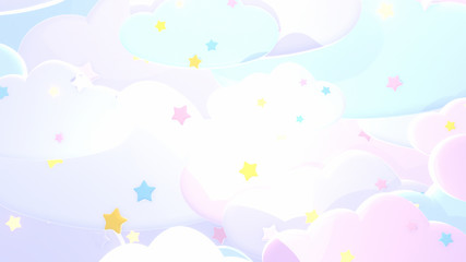 Sweet pastel clouds and stars background. 3d rendering picture.