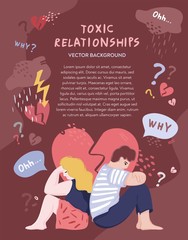 Poster about a toxic relationship between people. Man and woman sit with their backs to each other against the background of a heart with a crack. Concept of discord in the family. Vector illustration