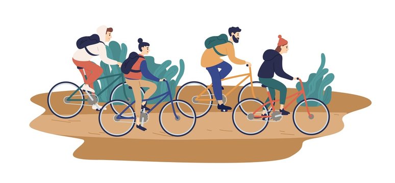 Group Of Smiling Young Friends Riding Bicycles Together Vector Flat Illustration. Colorful Man And Woman During Touristic Bike Trip Isolated On White Background. People Enjoying Outdoors Activity