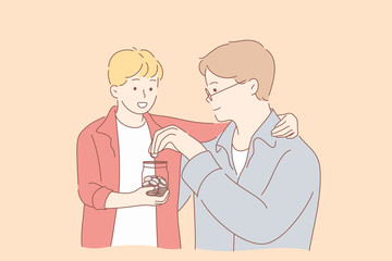 Fatherhood, childhood, money, help concept. Cartoon characters young man father helps child kid son giving investing coins to jar. Pocket money accumulation parent providing for children, fathers day.