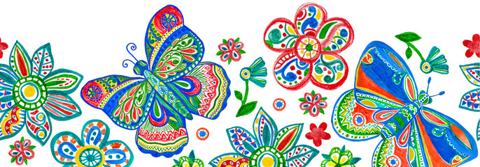 Butterfly flower watercolor border. Floral ornamental frame. Hand made colorful art design as kid illustration for cloth, fabric