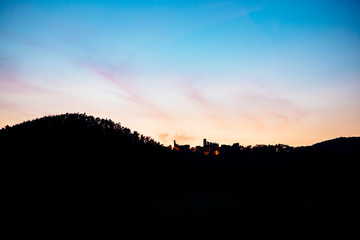 View at night of the old castle ruins Altdahn in the palatinate forest