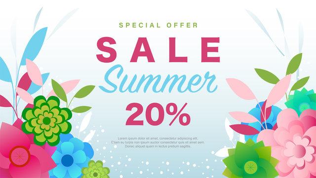 Special Offer Summer Sale 20% Off Vector Illustration Resizable. Sales Banner With Fresh Print Of Nature And Flowers.
