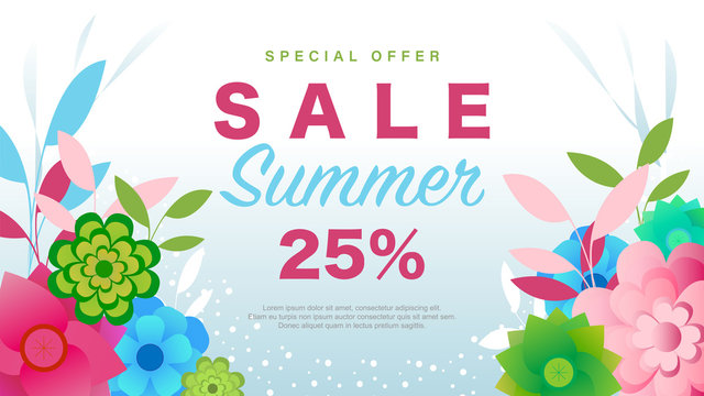 Special Offer Summer Sale 25% Off Vector Illustration Resizable. Sales Banner With Fresh Print Of Nature And Flowers.