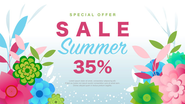 Special Offer Summer Sale 35% Off Vector Illustration Resizable. Sales Banner With Fresh Print Of Nature And Flowers.