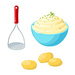 Potato masher, unpeeled tubers and bowl of mashed potatoes. Vector illustration cartoon flat icon isolated on white background.