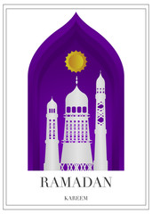 Vector Ramadan Kareem card. Vintage paper banner with mosque, moon, stars, sun and cloud for holy Ramadan wishing. Arabic decor in Eastern style. Islamic muslim background.