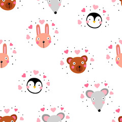 Kawaii animals in love seamless pattern. Cute rabbit, mouse, penguin, bear with funny face, hearts isolated on white background. Vector characters emoji, children's prints, mascot wallpaper collection