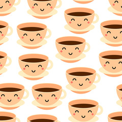 Kawaii coffee or tea cup seamless pattern. Cup with a hot drink isolated on white background. Funny character with eyes and cheeks. Smiling friendly mascot face. Vector cute good morning illustration