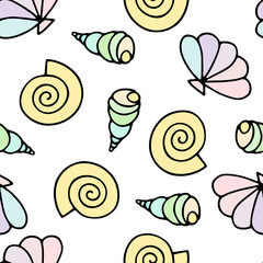 Seashells seamless vector drawing pattern. Cartoon color sea snails isolated on white background. Random shells aquatic Illustration for wallpaper, wrapping paper, textiles, summer decoration, clothes