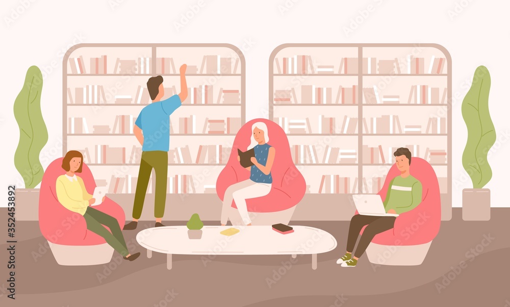 Poster people sit on comfy armchairs with book, tablet and laptop vector flat illustration. man and woman r