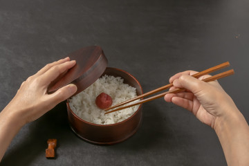 日の丸弁当Umeboshi with rice (Japanese pickles of plum)