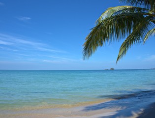 Fototapeta na wymiar Beautiful sand beach with blue sky cloud ,splash sea water with coconut tree for background and wallpaper, summer holiday at Koh Chang island ,Thailand
