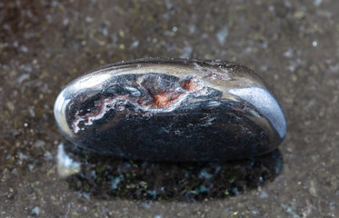 closeup of sample of natural mineral from geological collection - tumbled Hematite rock on black...