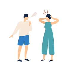 Colorful male with speech bubble explain to irritating woman vector flat illustration. Quarrel of angry female and confused guy isolated on white background. Couple relationship and conflict