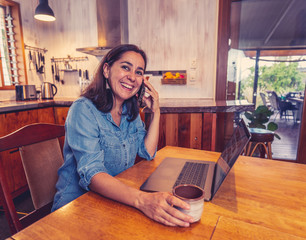 Happy successful young woman on laptop working from home in Coronavirus and New normal concept