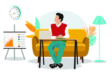Student with a laptop sitting on a sofa. Freelance or study concept. Cute illustration in flat style. Distance learning at home