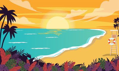 Fototapeta na wymiar tropical beach with palm trees and sun