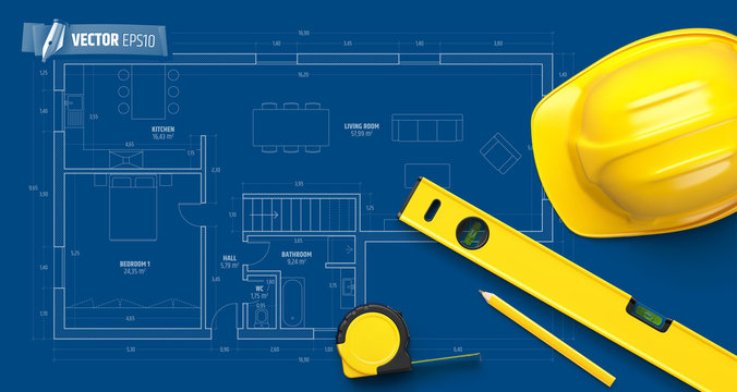 Arri&egrave;re plan bleu avec outils et plan d'architecte vectoriels