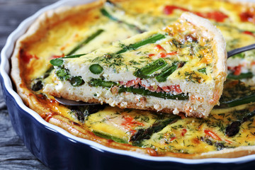 tasty quiche with salmon asparagus cheese filling