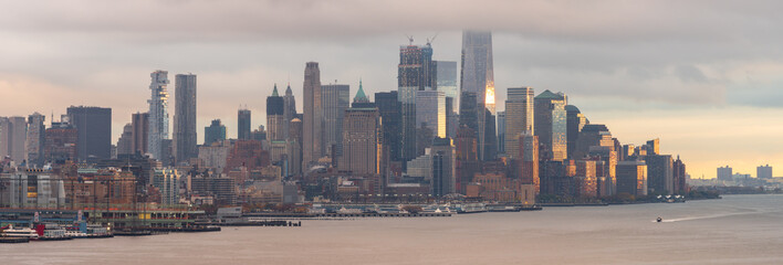 Wide panoramic image of New York City at dusk